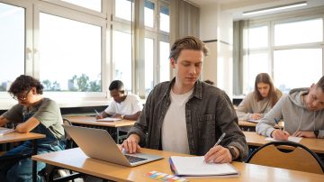 Estudiante en un aula con luz natural