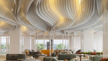 Interior moderno con cálida iluminación ambiental y techo curvo