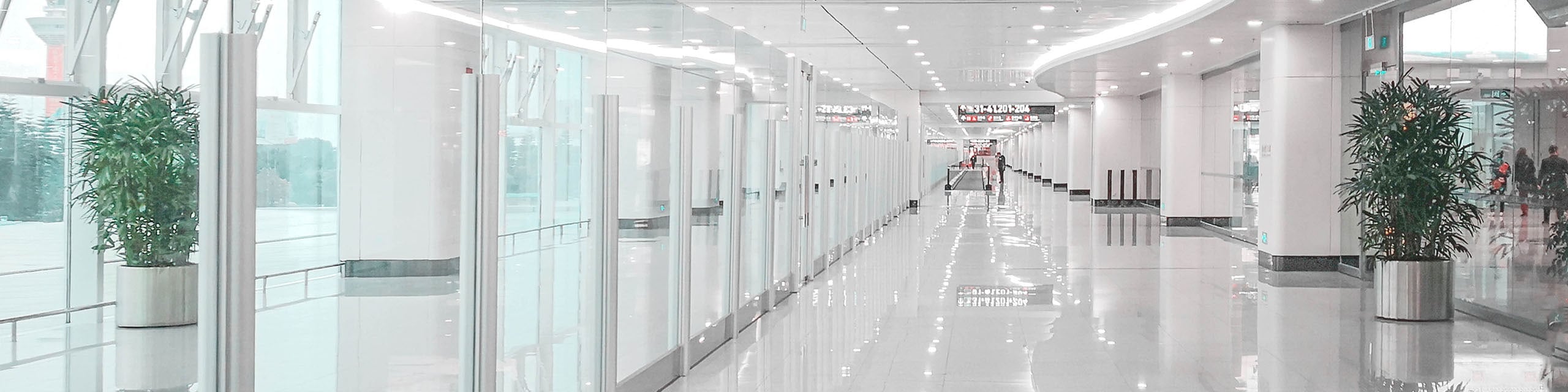 Empty modern corridor with recessed linear ceiling lights and large glass panels