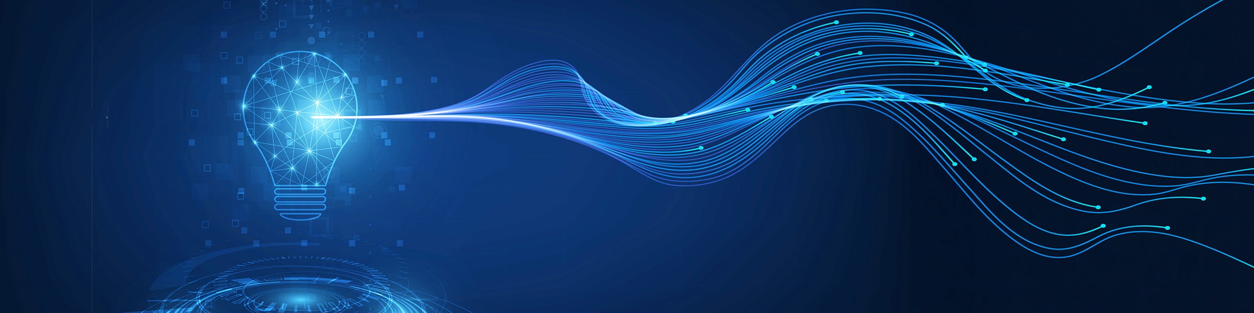 Glowing geometric light bulb emitting flowing blue digital waves