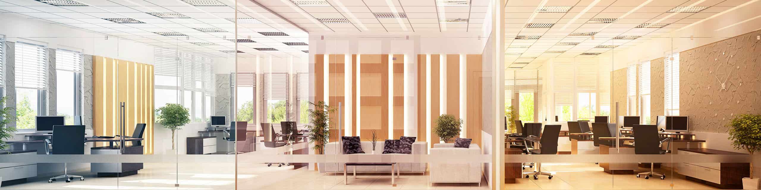 Modern office interior showing a range of lighting colour temperatures