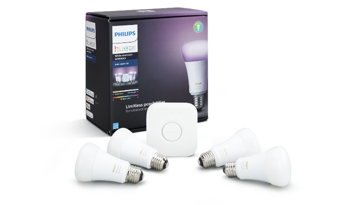 Philips Hue White Color Ambiance 4 Pack Starter Kit Box with Product