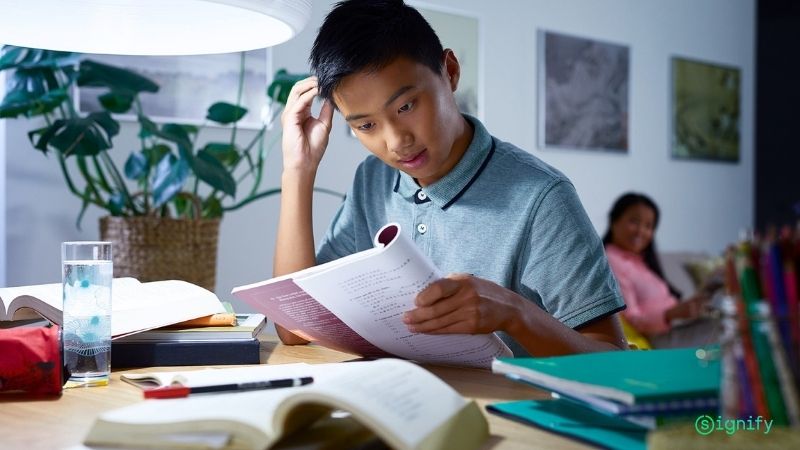 A boy studying indoors with the right lighting