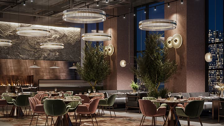 Hotel lounge with warm, ambient lighting