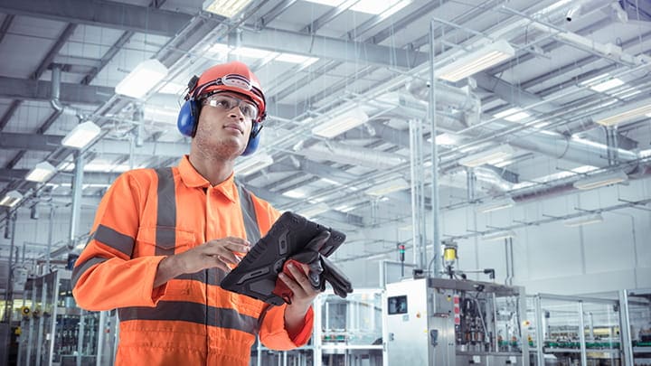 Industrial factory floor with bright overhead lighting