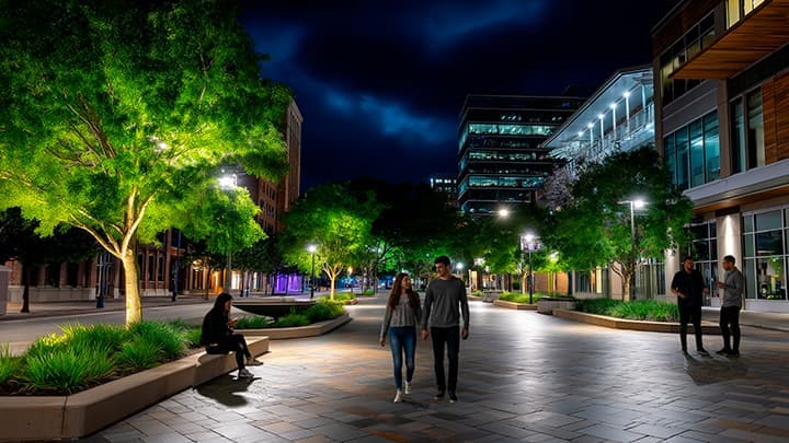 Well-lit urban street at night with streetlights