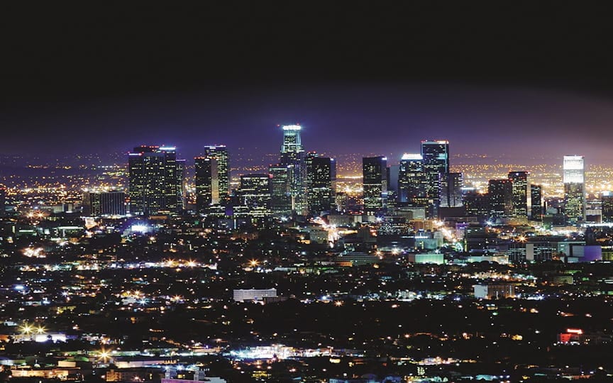 City skyline with numerous high-rise buildings