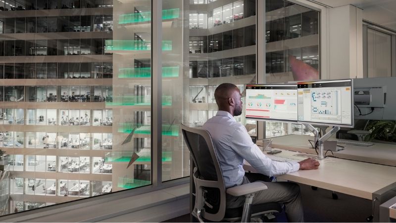 work at desk in building