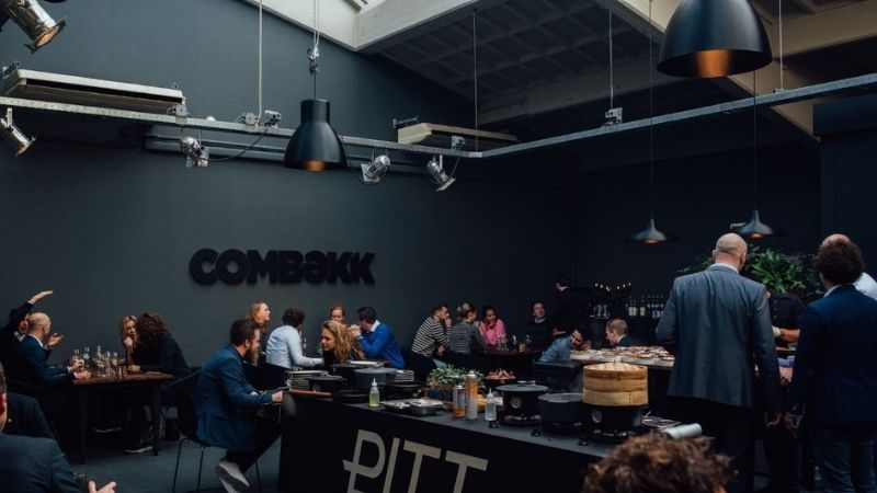 3D printed luminaires in a busy restaurant