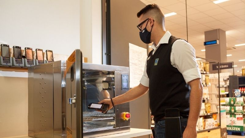 UV-C disinfection chamber being used to disinfect self-scanners at EDEKA’s supermarket in Hamburg