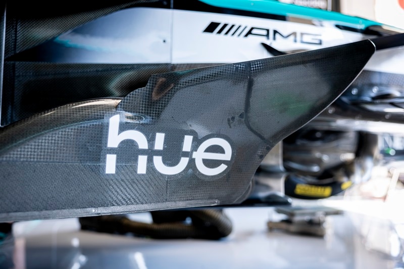 Close up on Mercedes-AMG PETRONAS F1 Team bolide detail with Philips Hue logo