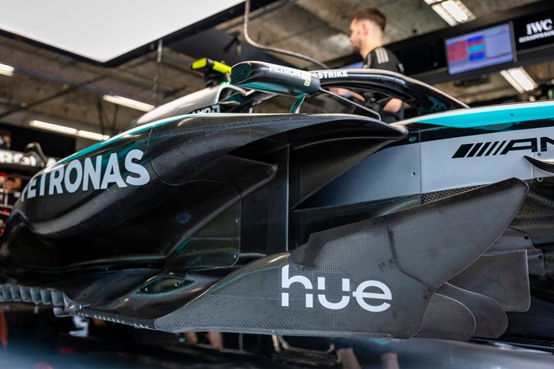 Close up on Mercedes-AMG PETRONAS F1 Team bolide detail with Philips Hue logo