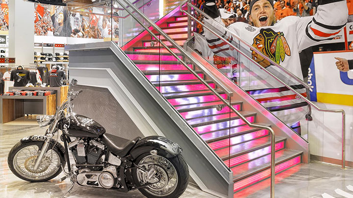 Chicago Sports Depot’s stylish staircase makes a statement with dynamic LED lighting