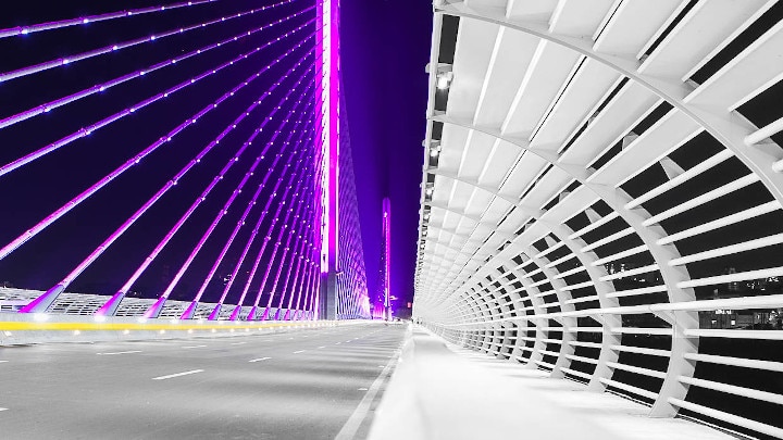 Dynamic LED lighting enhances the beauty and prominence of the cable-stayed bridge, Viaducto de Novena in Colombia