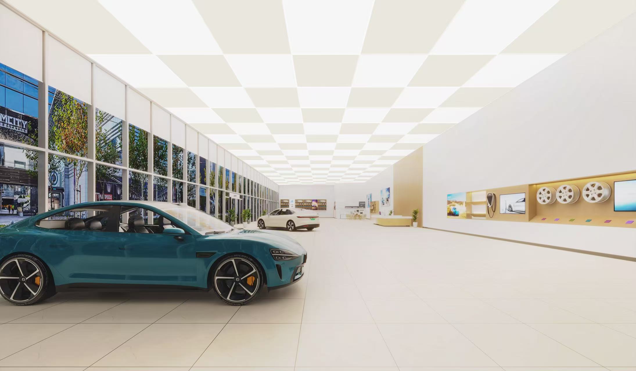 RC468V frameless LED panels forming a continuous luminous ceiling across a car showroom