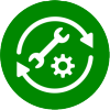 Wrench and gear symbols surrounded by circular arrows
