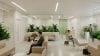 People in modern waiting area, bright lighting