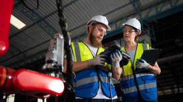 Construction worker examining a lighting component