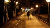 Woman walking dog at night-time in warm, glowy light